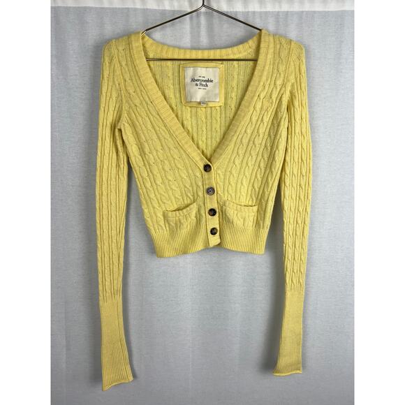 Vintage Abercrombie and Fitch Sweater Yellow Cable Knit Cardigan Preppy Tennis - Picture 1 of 7
